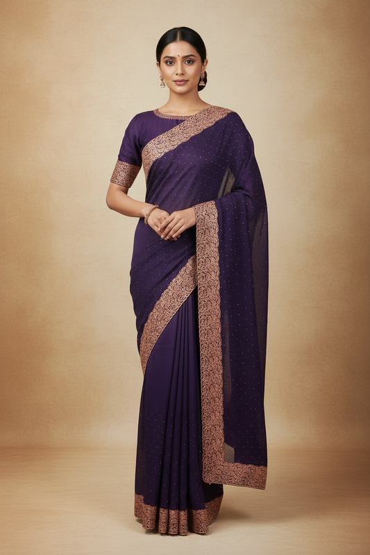 Deep Purple Georgette Saree on AI Model