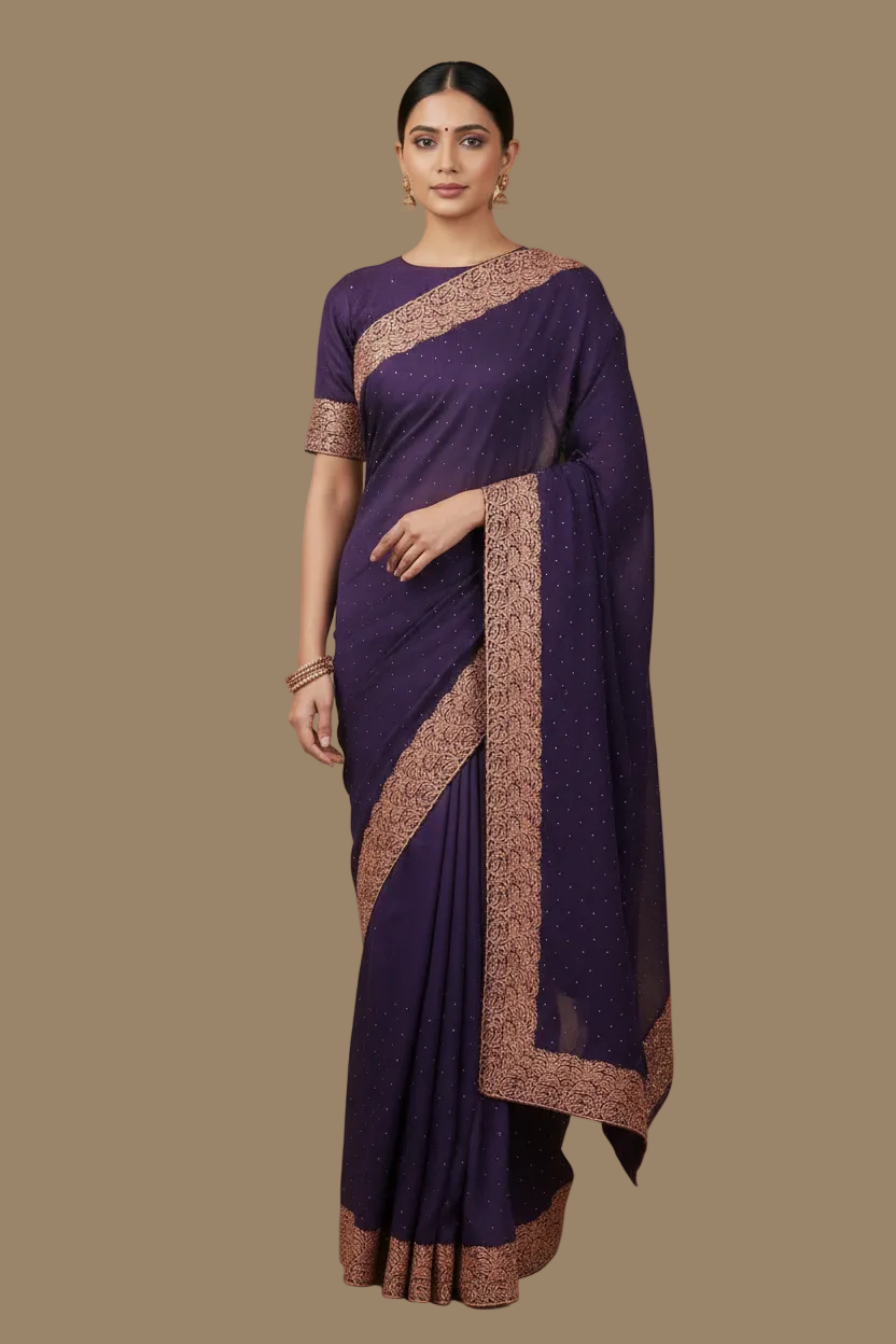 Deep Purple Georgette Saree with Enhanced Crystal Stonework