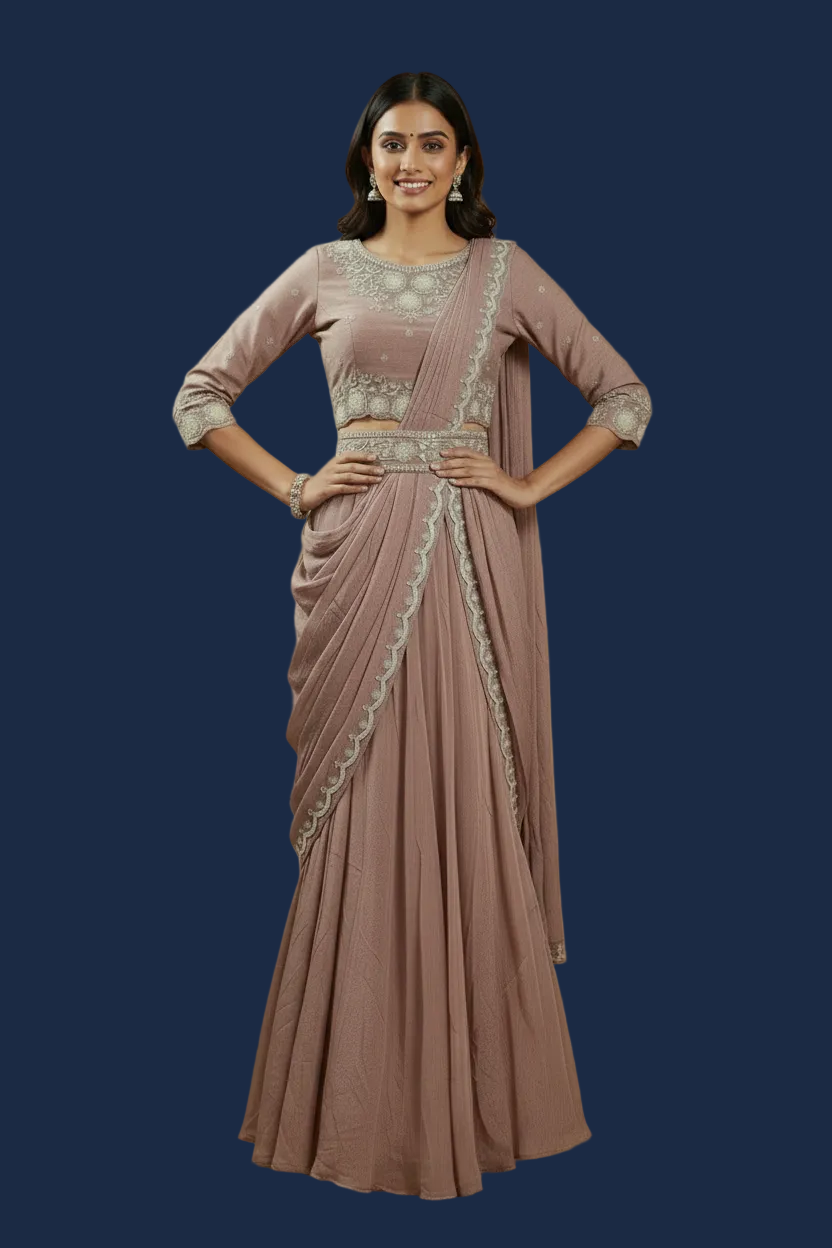 Lavender Mauve Ready-to-Wear Saree with Embellished Blouse and Belt