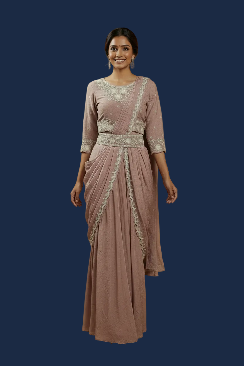 Lavender Mauve Ready-to-Wear Saree with Embellished Blouse and Belt