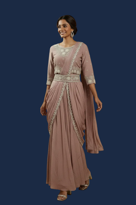 Lavender Mauve Ready-to-Wear Saree with Embellished Blouse and Belt