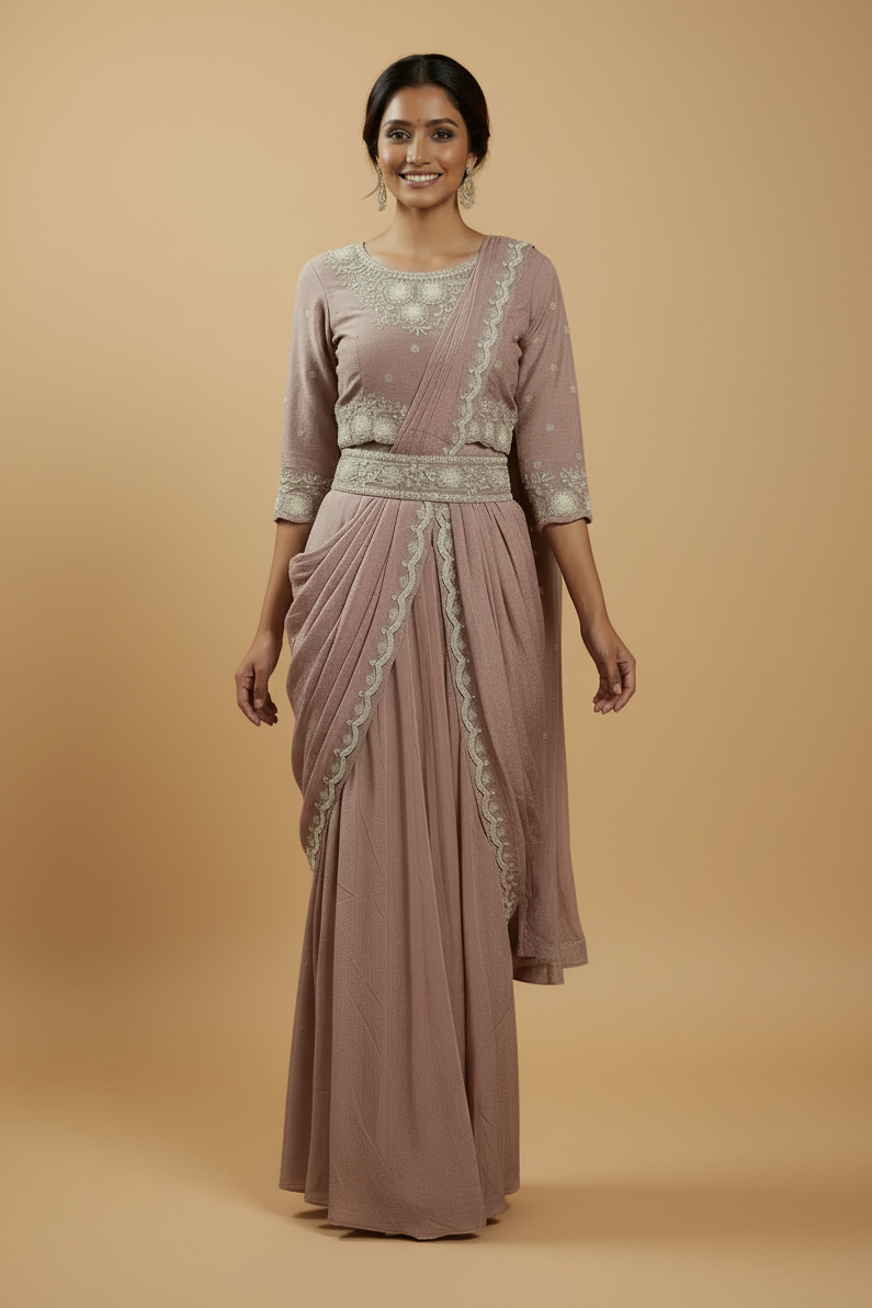 Lavender Mauve Ready-to-Wear Saree with Embellished Blouse and Belt