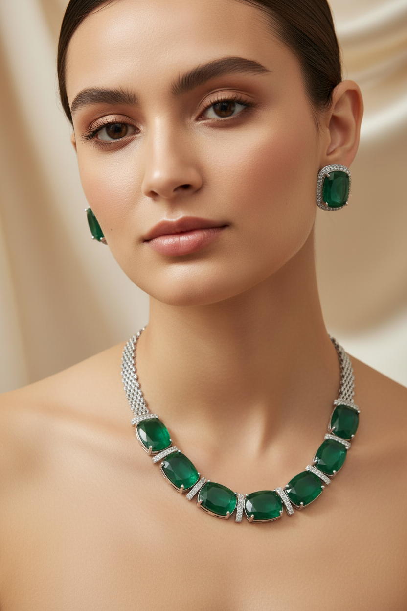 Emerald Green AD Rhodium Finish Necklace Set