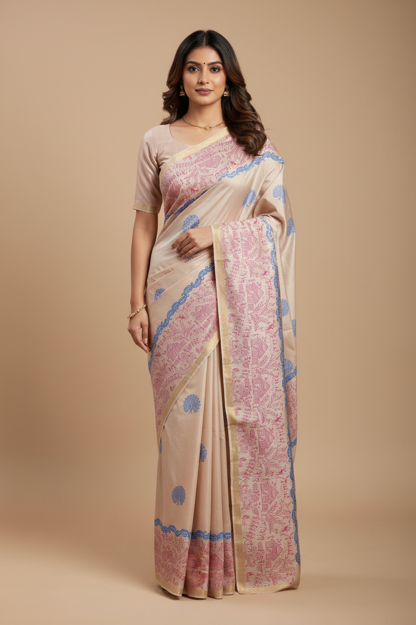 Light Beige Pure Katan Silk Saree with Hand Block Print