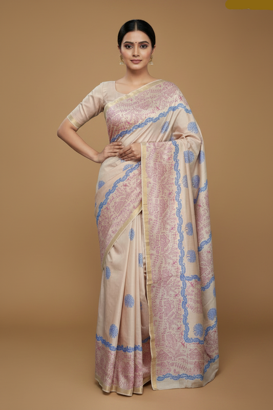Light Beige Pure Katan Silk Saree with Hand Block Print