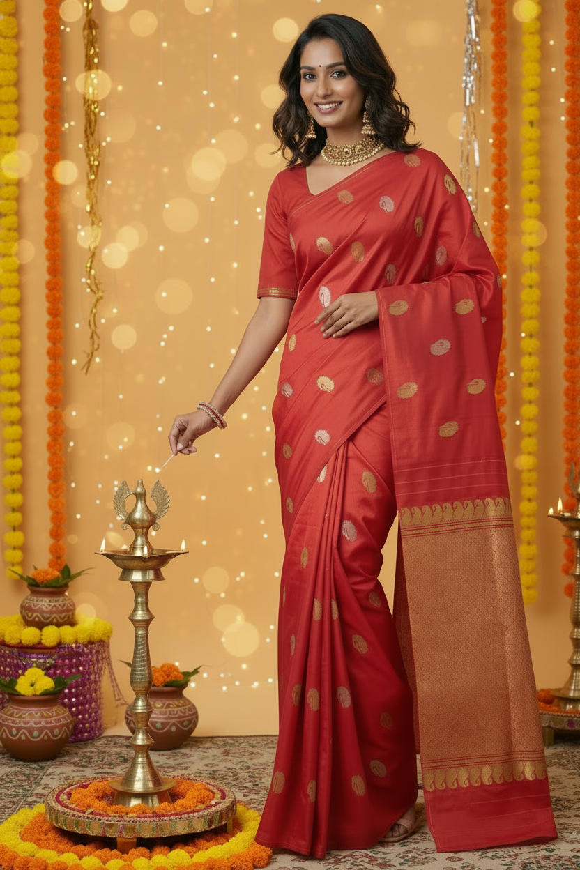 Red Borderless Pure Kanjeevaram Silk Saree with Gold & Silver Peacock Zari Butis