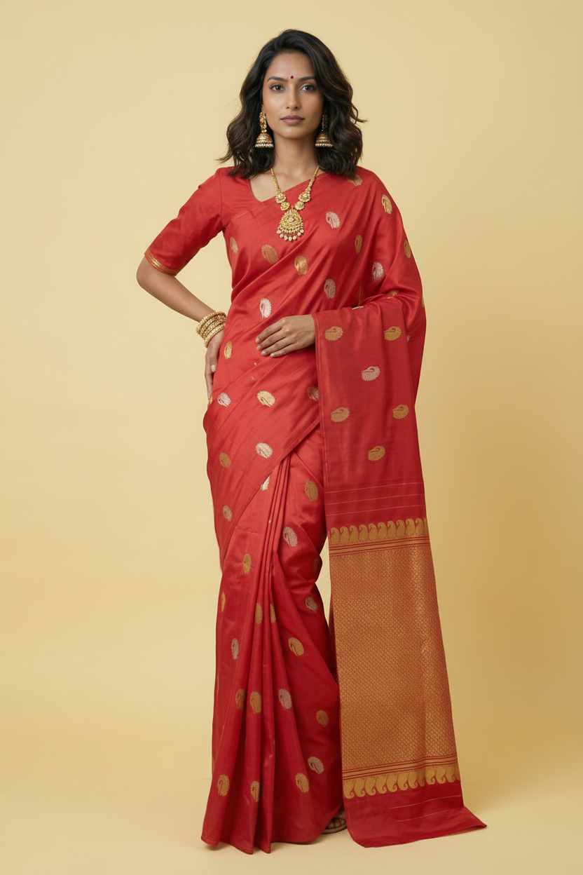 Red Borderless Pure Kanjeevaram Silk Saree with Gold & Silver Peacock Zari Butis