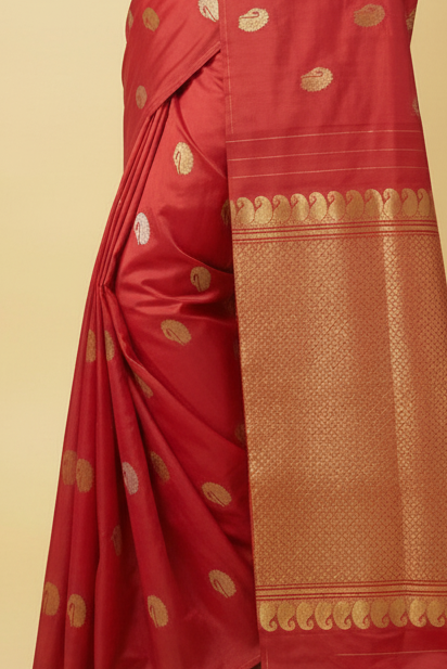 Red Borderless Pure Kanjeevaram Silk Saree with Gold & Silver Peacock Zari Butis