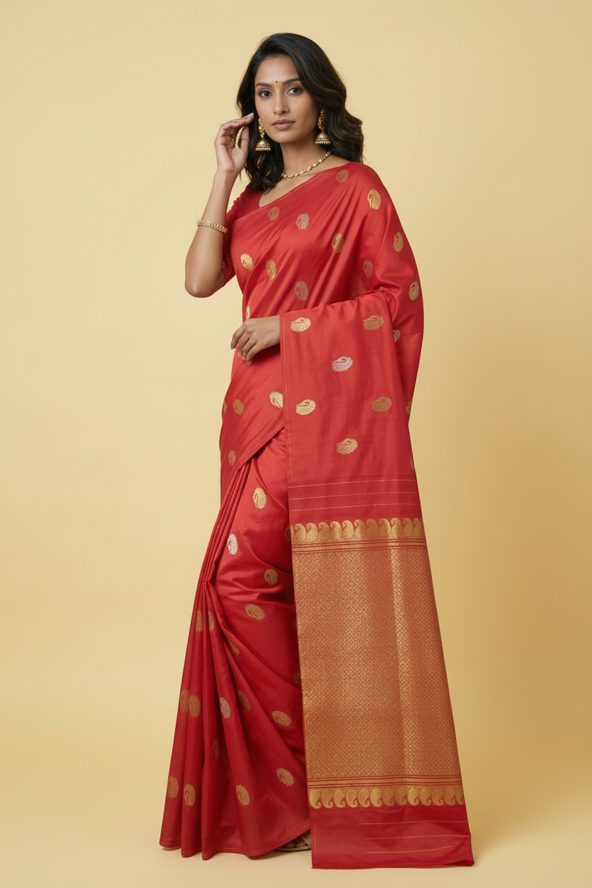 Red Borderless Pure Kanjeevaram Silk Saree with Gold & Silver Peacock Zari Butis