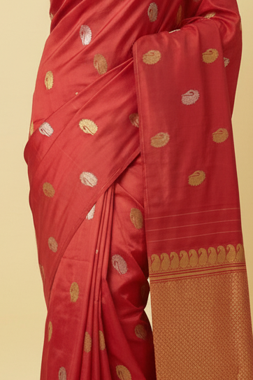 Red Borderless Pure Kanjeevaram Silk Saree with Gold & Silver Peacock Zari Butis