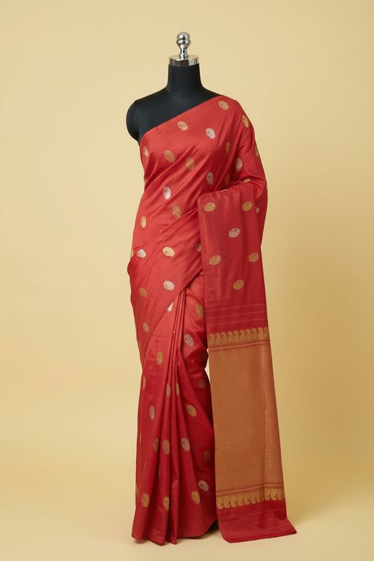 Red Borderless Pure Kanjeevaram Silk Saree with Gold & Silver Peacock Zari Butis