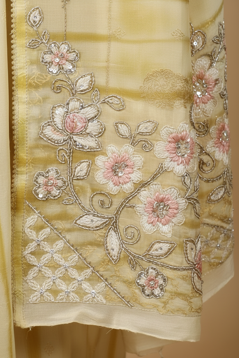 Floral embroidery close-up with warmer colors