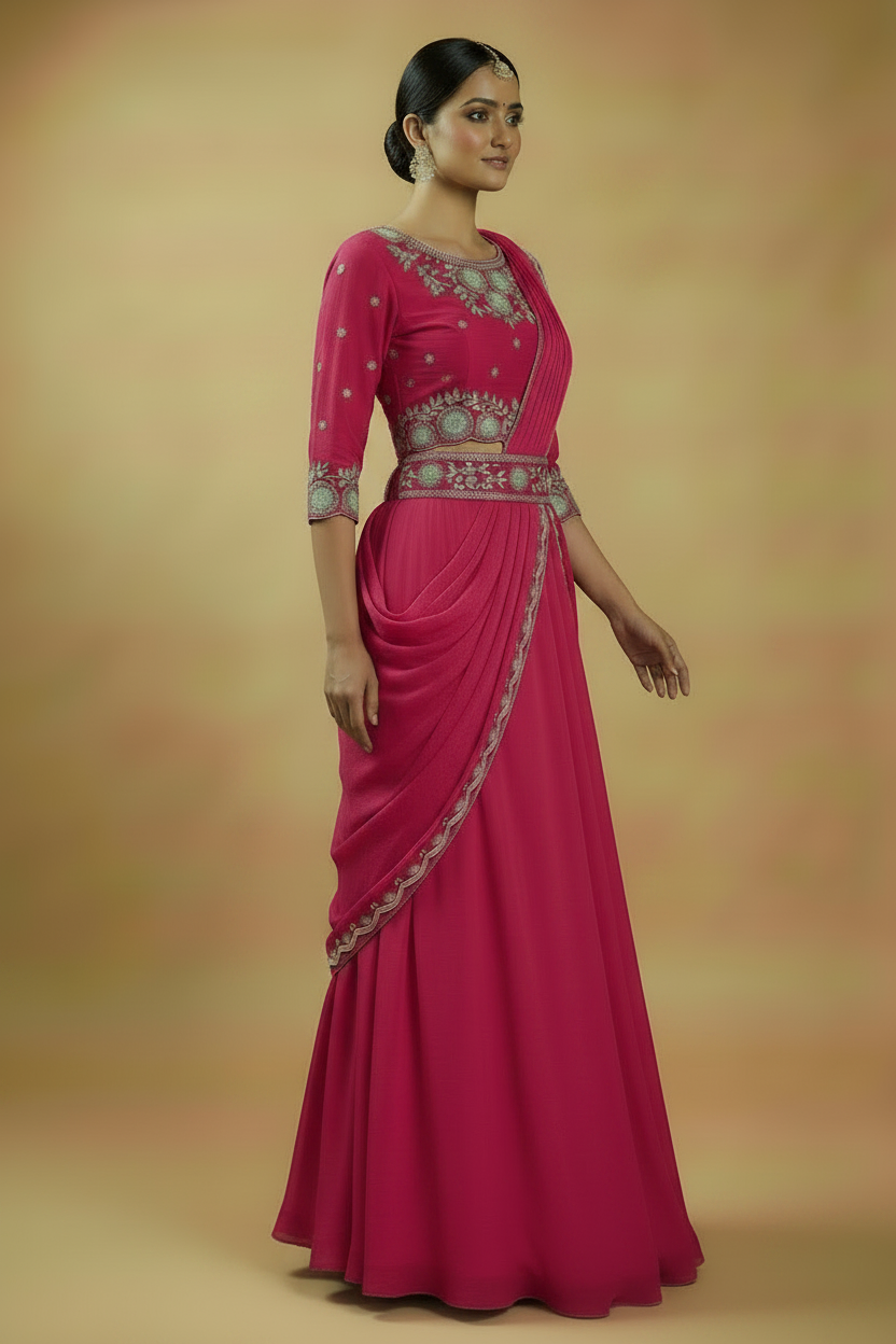 Hot Pink Crepe Ready-to-Wear Saree with Embellished Blouse and Belt
