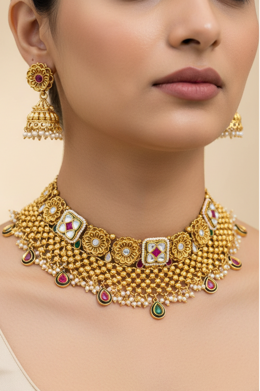 Stone Studded Gold Finish Jaal Choker Necklace & Earrings Set