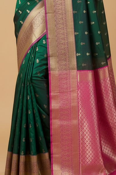 Green Pure Kanjeevaram Silk Saree with Purple Border and Pink Pallu
