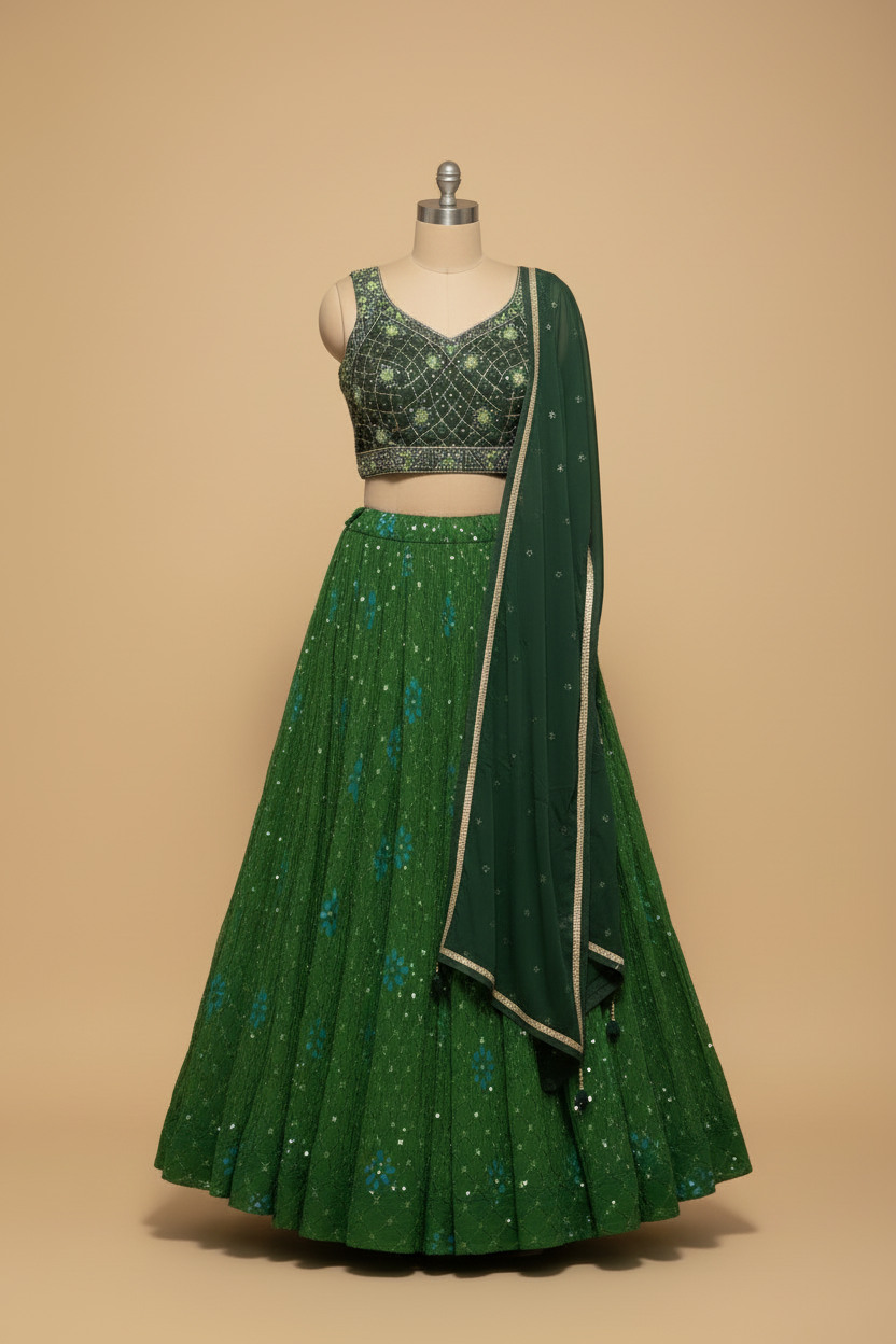 Green lehenga ghost mannequin