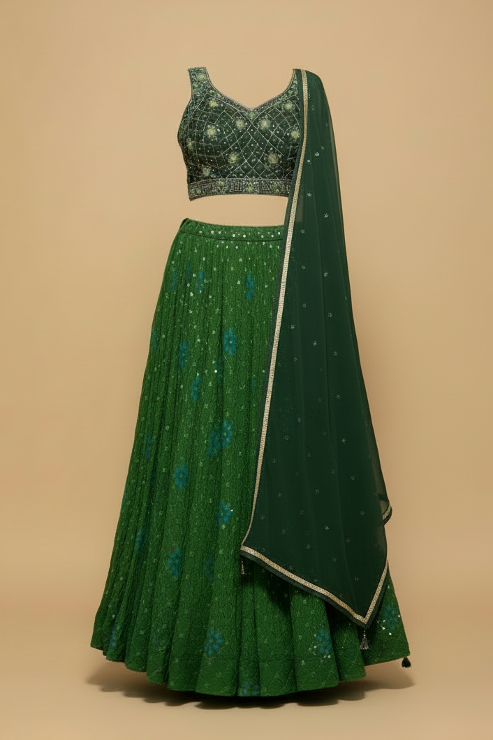 Green lehenga slim tall with dupatta ivory background