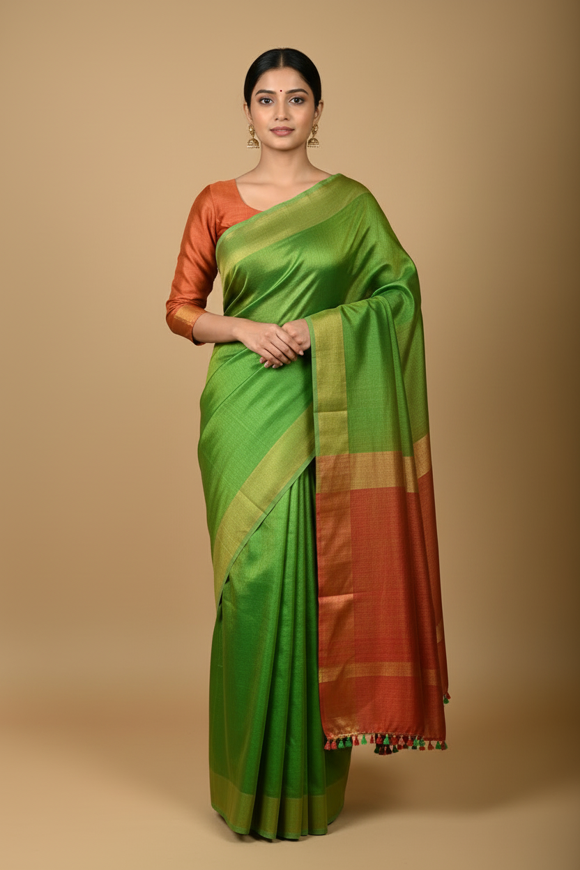 Green Uppada Silk Saree with Rust Orange Blouse