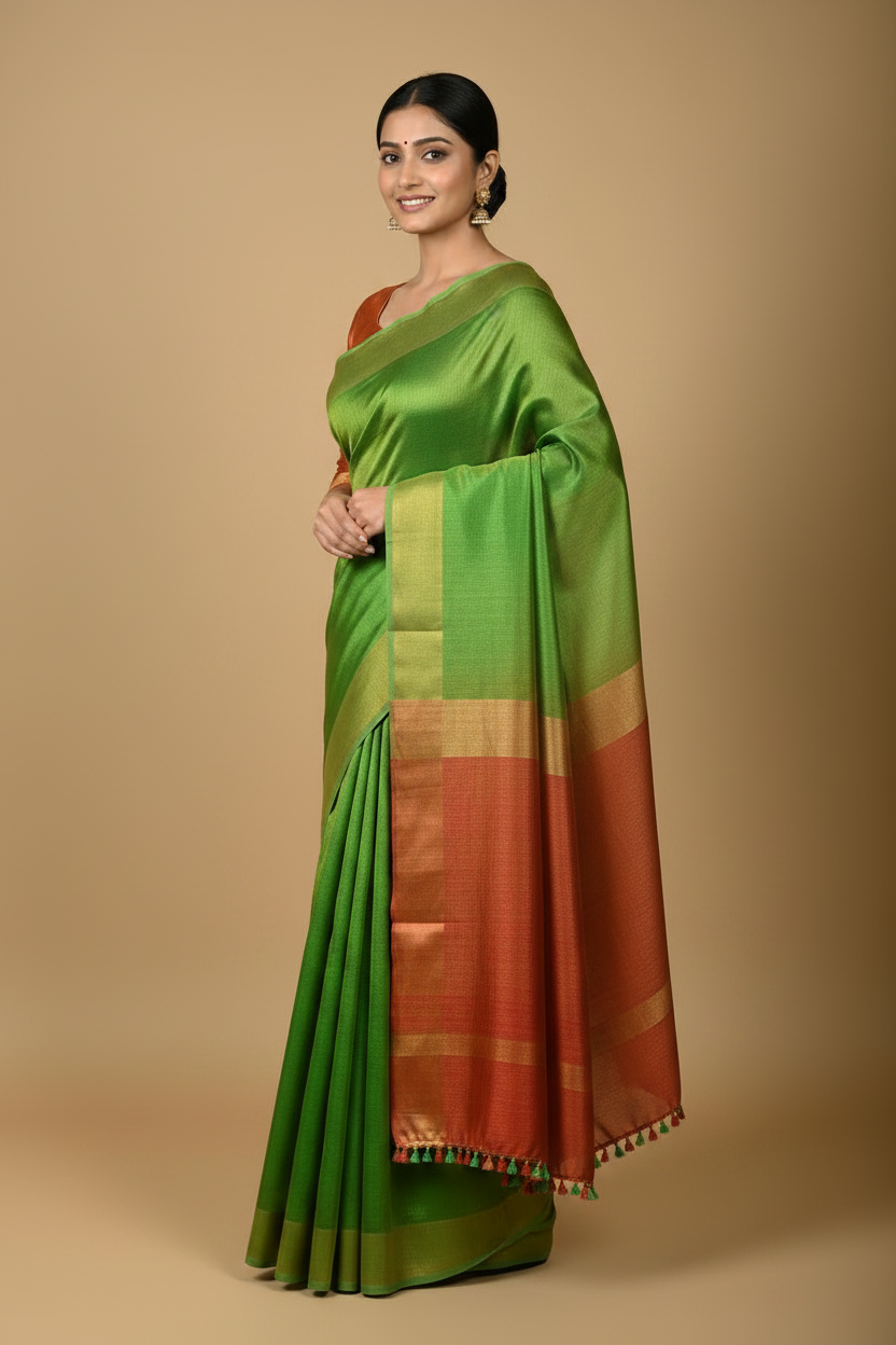 Parrot Green Uppada Pure Silk Saree with Rust Orange Pallu