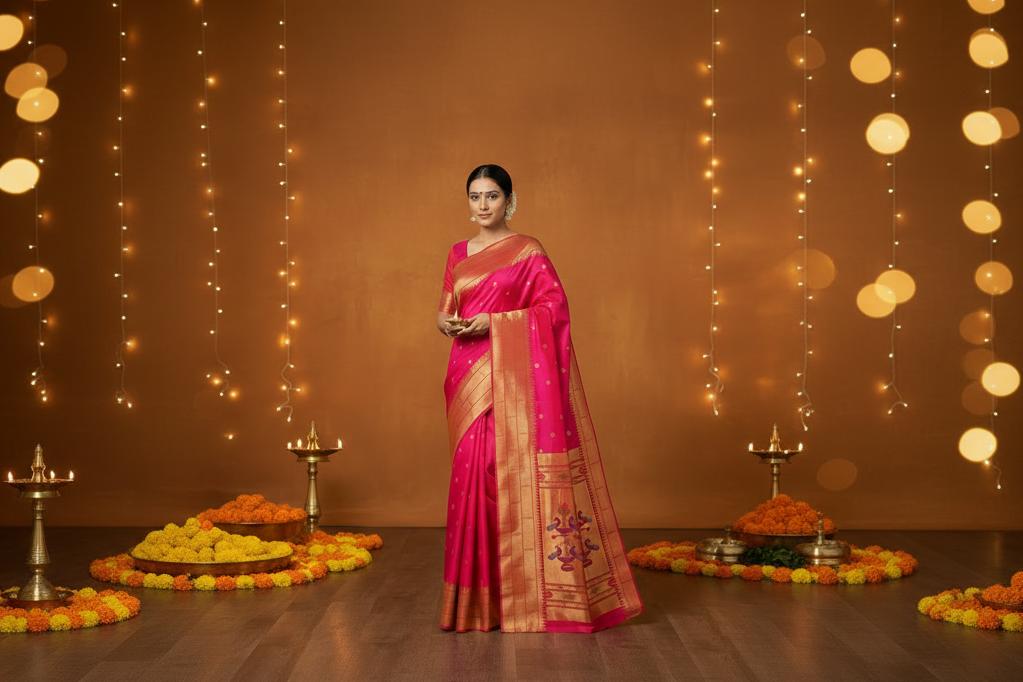 Pink Paithani Pure Silk Saree with Gold Triple Muniya Border