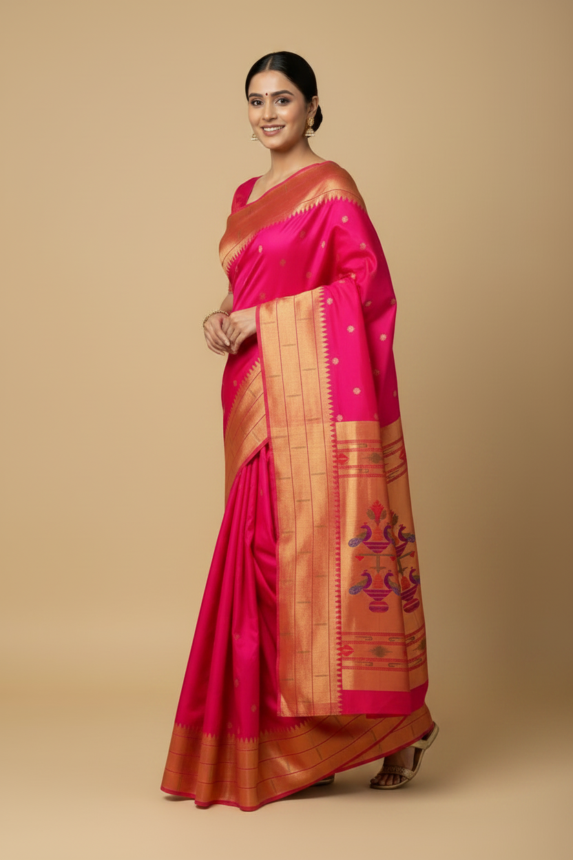 Pink Paithani Pure Silk Saree with Gold Triple Muniya Border
