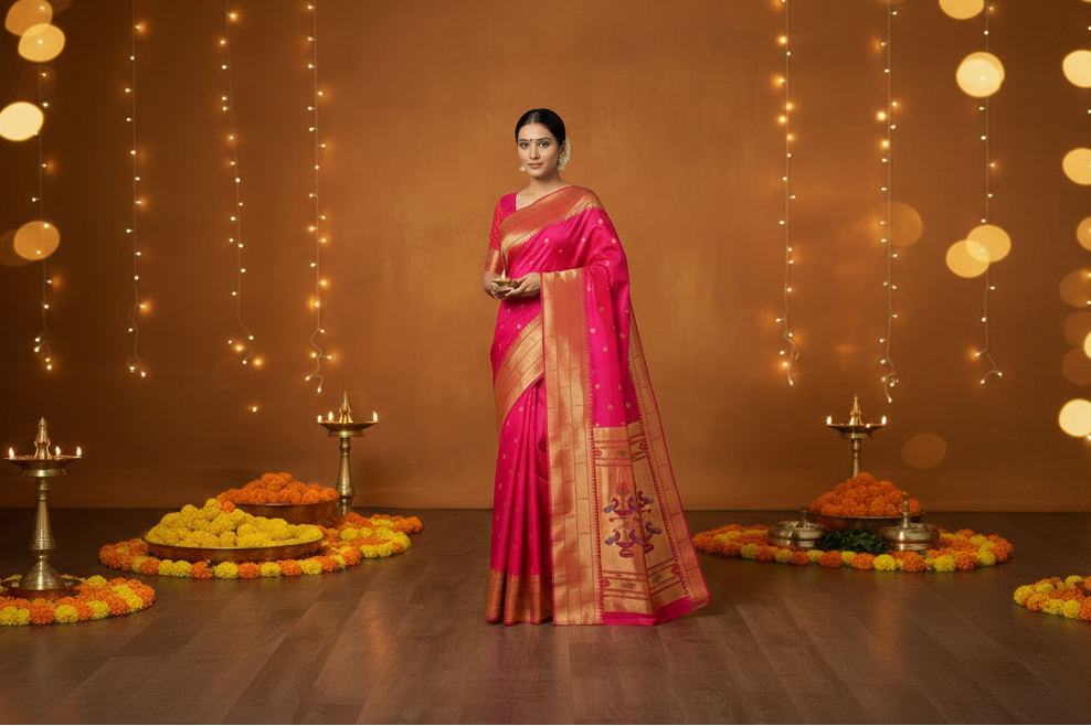 Pink Paithani Pure Silk Saree with Gold Triple Muniya Border