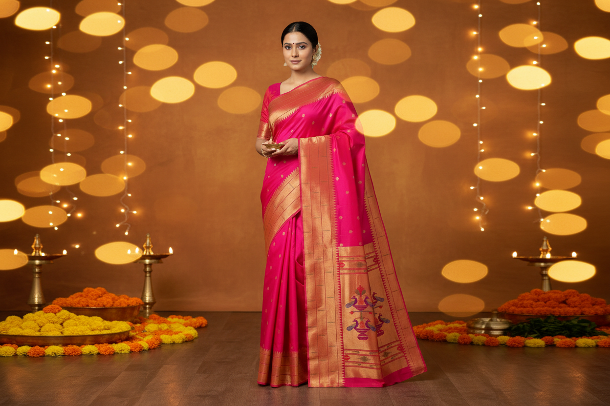 Pink Paithani Pure Silk Saree with Gold Triple Muniya Border