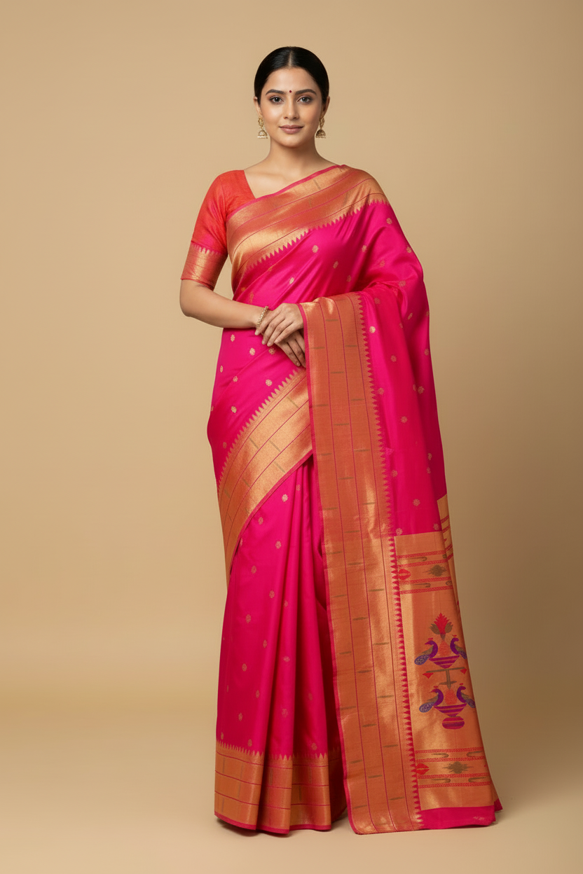 Hot Pink Paithani Saree - Plain Blouse