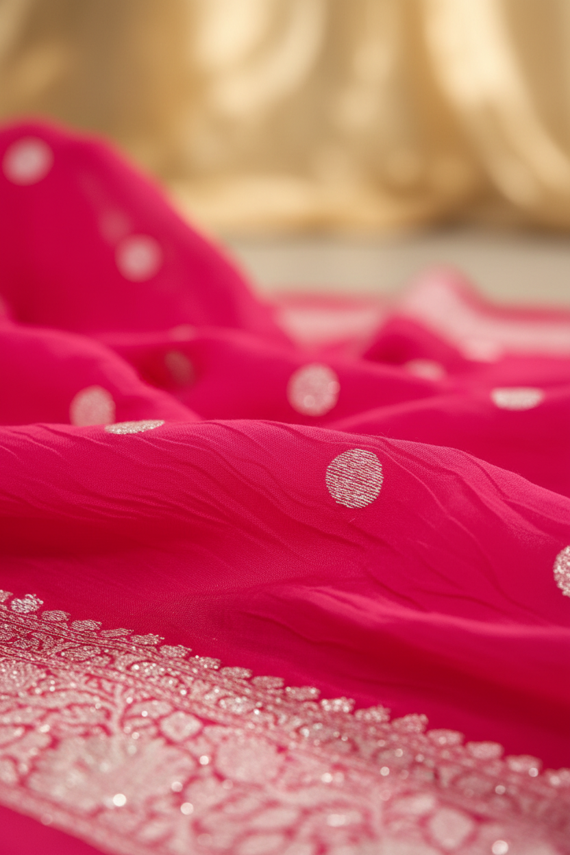 Hot Rani Pink Pure Banarasi Georgette Saree with Silver Zari