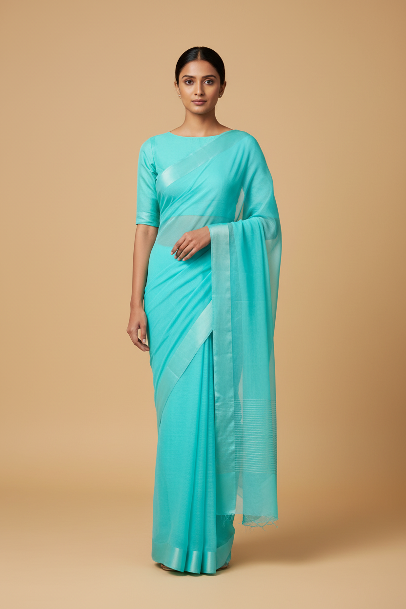 Plain Turquoise Georgette Saree with Satin Border - Sleeved