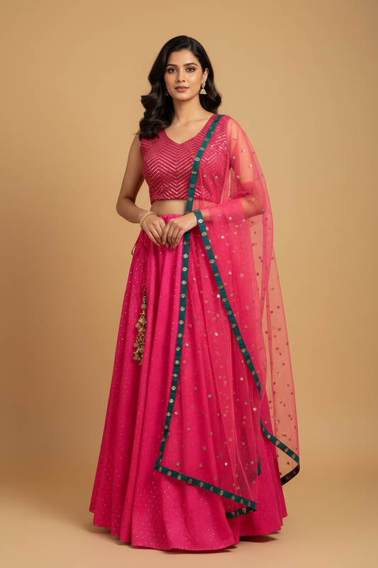 Hot Pink Banarasi Silk Lehenga Set with Sequin Blouse & Teal Net Dupatta