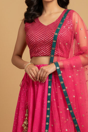 Hot Pink Banarasi Silk Lehenga Set with Sequin Blouse & Teal Net Dupatta