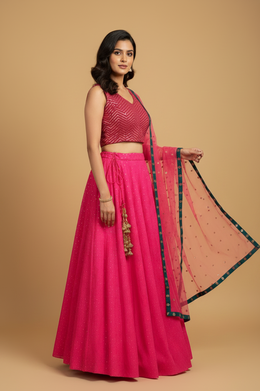 Hot Pink Banarasi Silk Lehenga Set with Sequin Blouse & Teal Net Dupatta