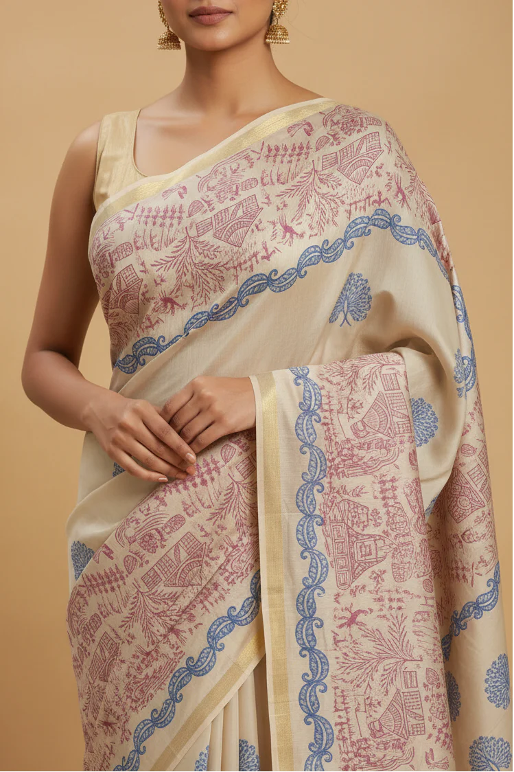 Light Beige Pure Katan Silk Saree with Hand Block Print