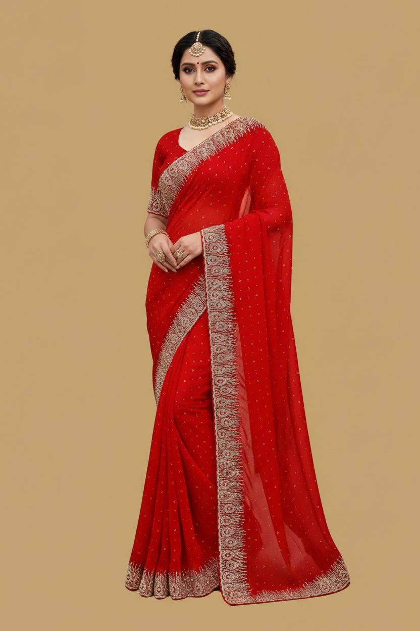Red Georgette Saree with Crystal Work