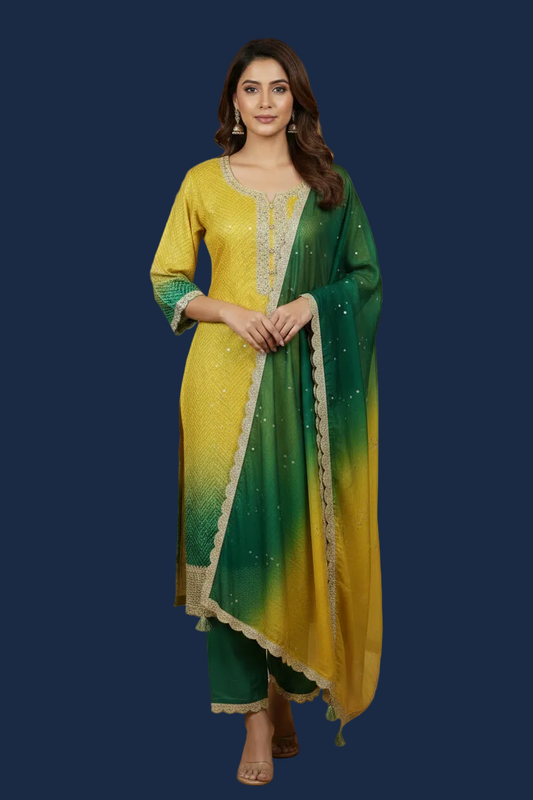 Yellow & Green Bandhani SIlk Embroidery Salwar Suit