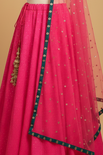 Hot Pink Banarasi Silk Lehenga Set with Sequin Blouse & Teal Net Dupatta