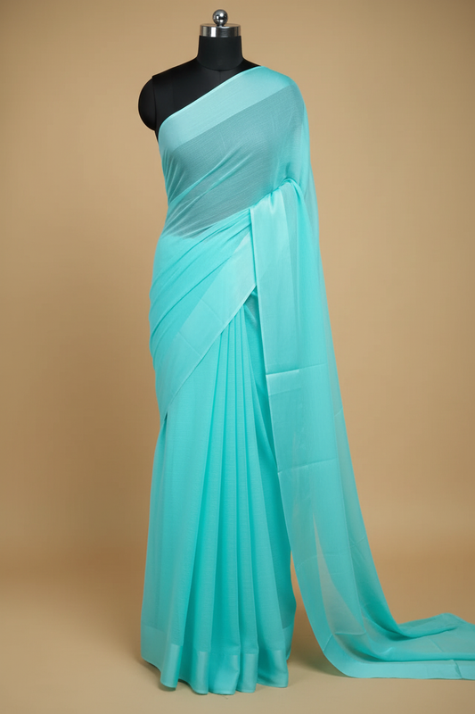 Plain Turquoise Georgette Saree with Satin Border on Mannequin