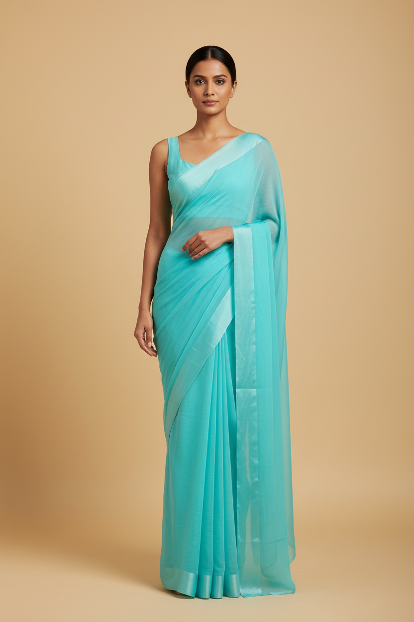 Plain Turquoise Georgette Saree with Satin Border