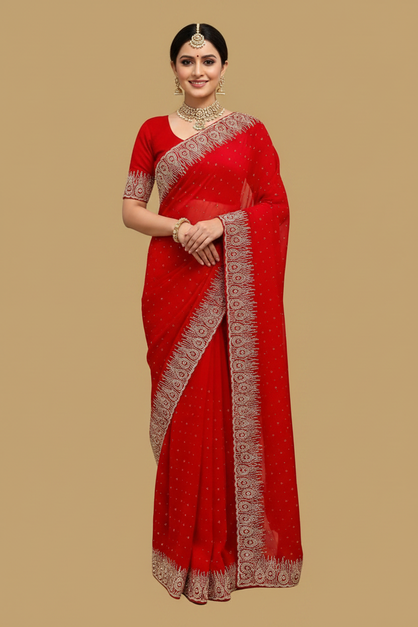 Red Georgette Saree with Crystal Work - model beige backdrop