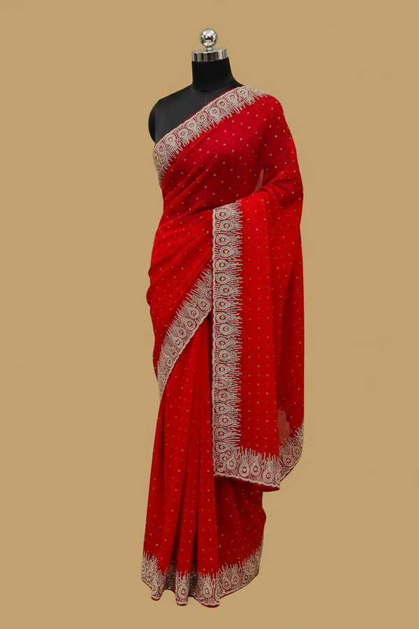 Red Georgette Saree with Crystal Work