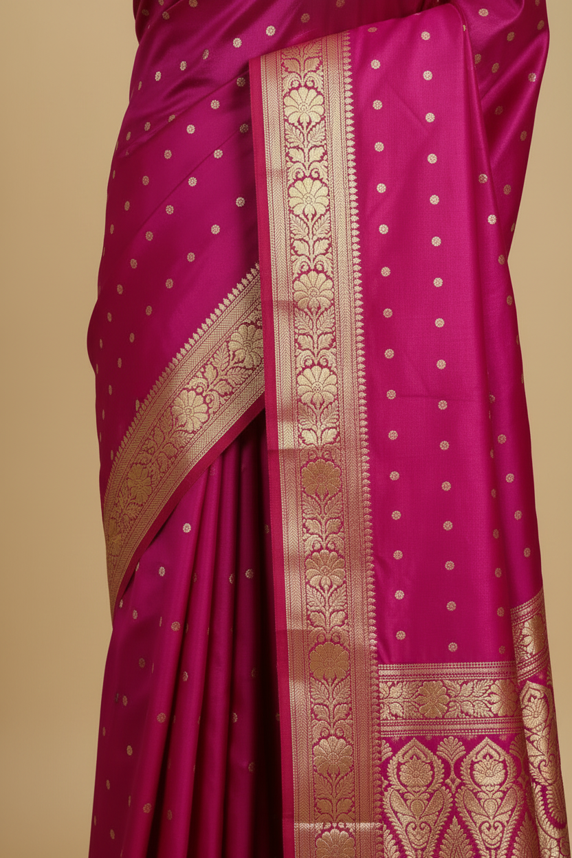 Magenta Banarasi Silk Saree - Waist-to-Knee Close-up