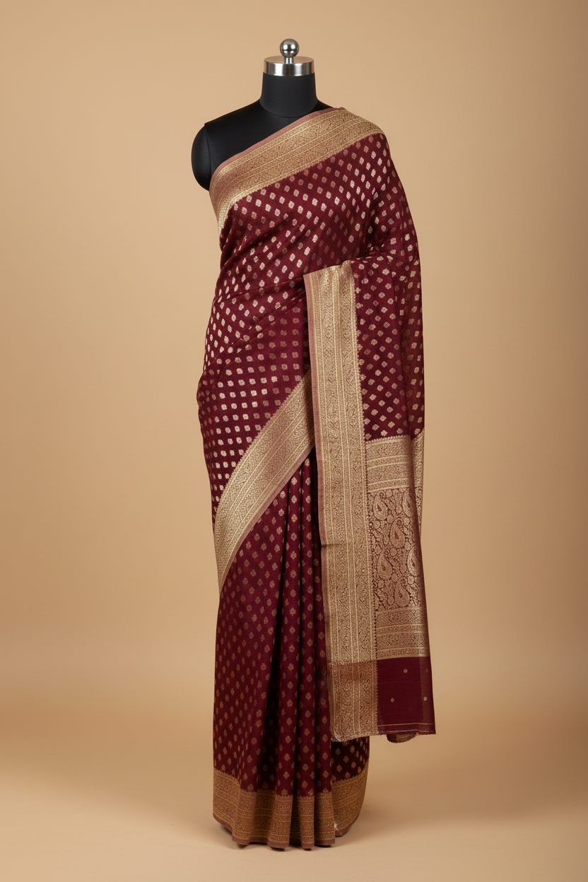 Maroon Banarasi Georgette Saree on Mannequin