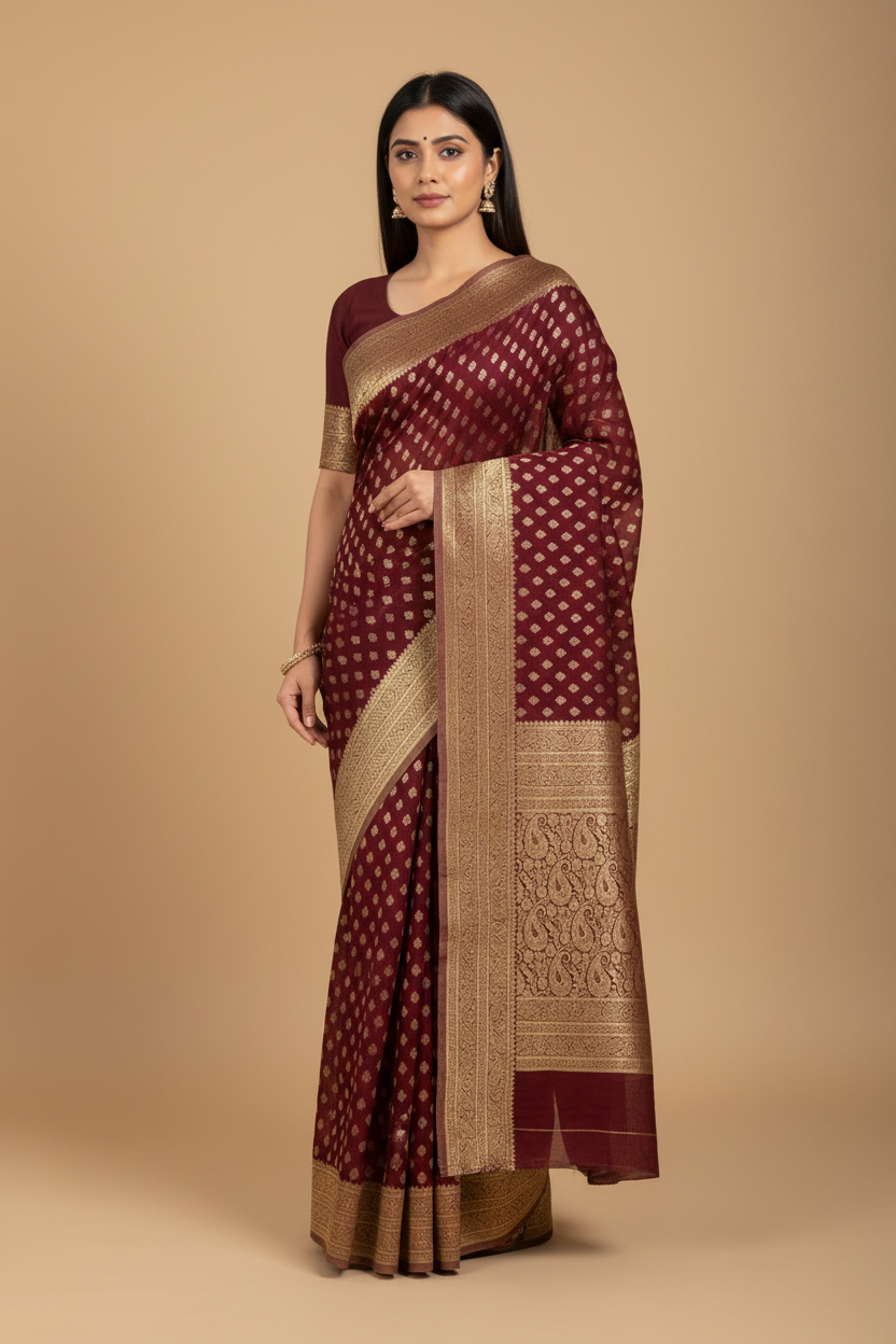 Maroon Banarasi Georgette Saree on Model