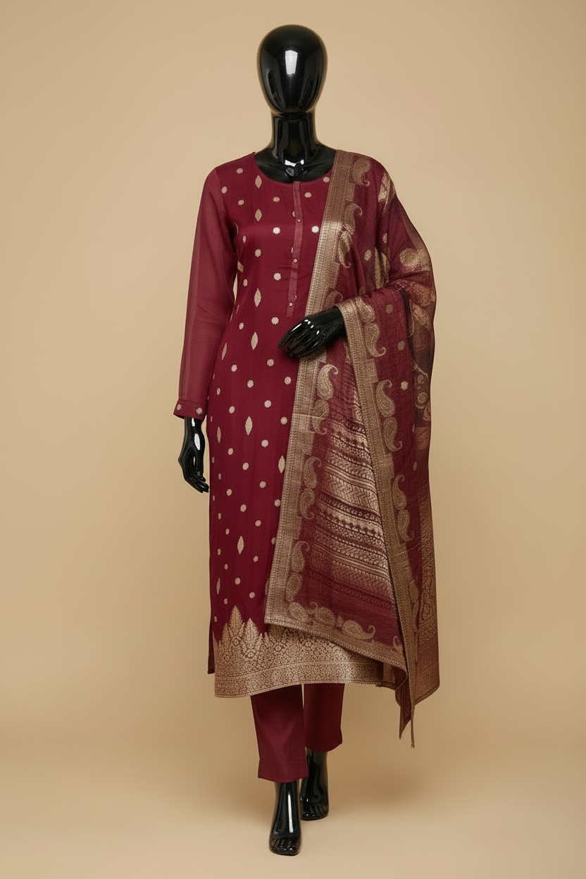Maroon Banarasi Salwar Sheer Sleeve Solid Cuff