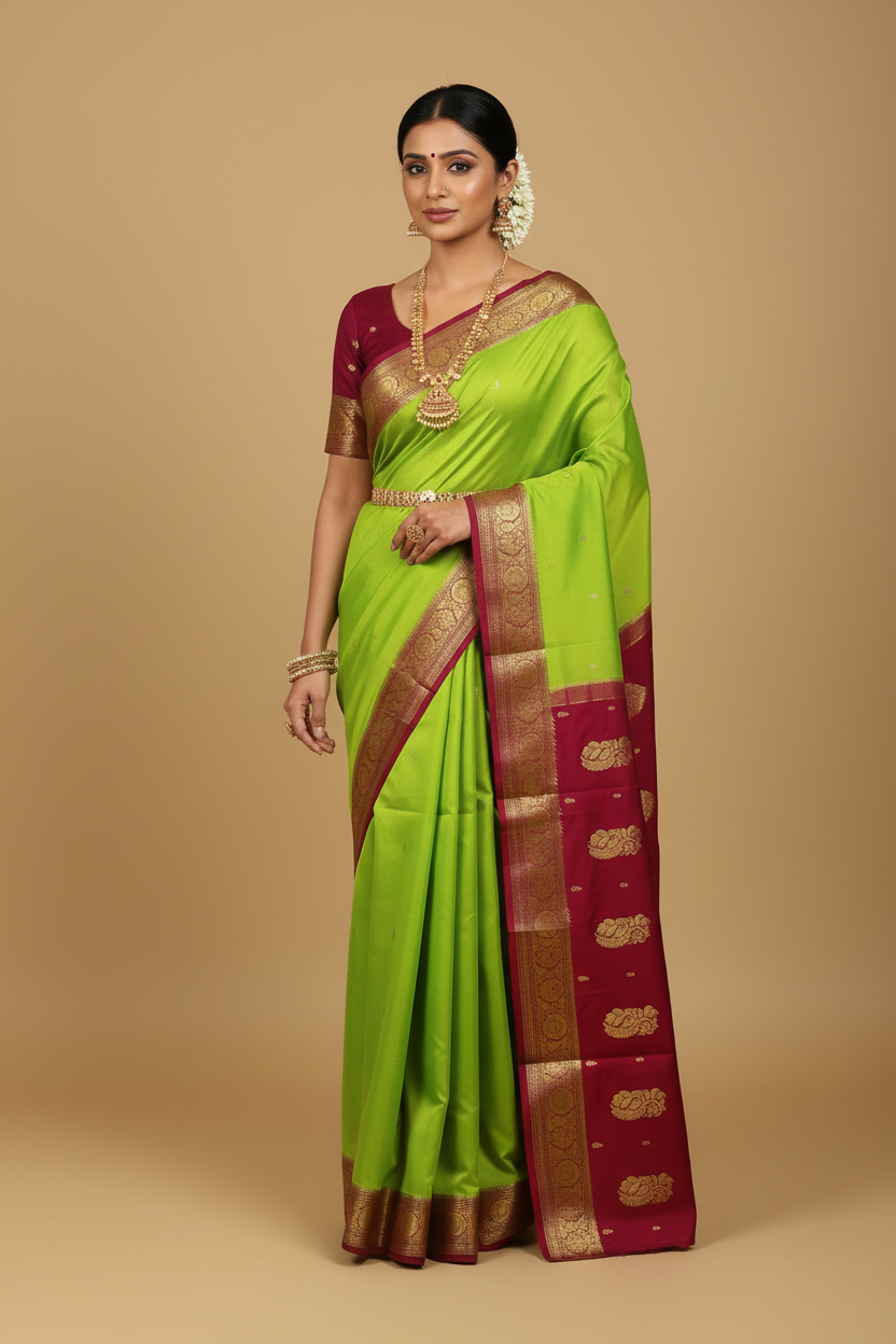 Green Pure Mysore Crepe Silk Saree with Maroon Border