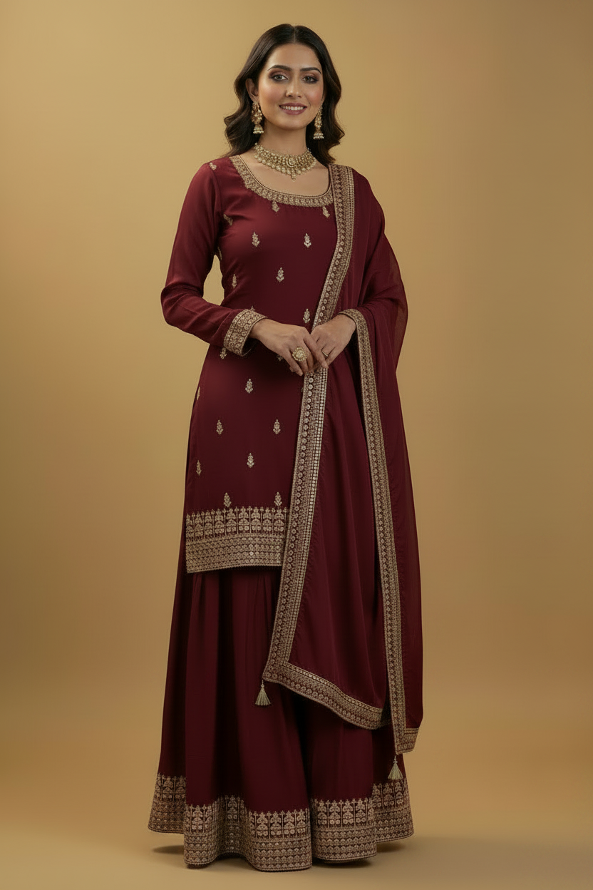 Maroon-Wine Sharara - Diagonal Dupatta Drape