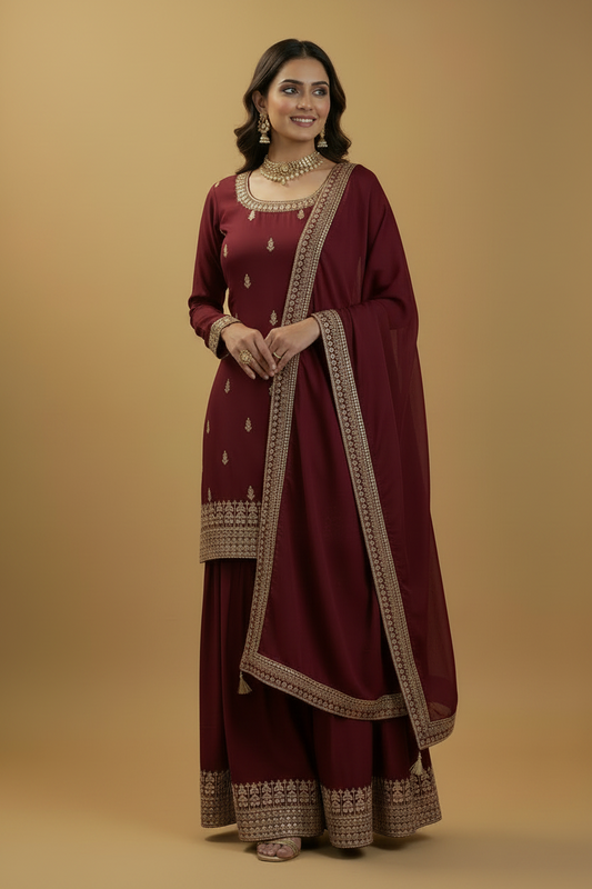 Maroon Wine Silk Sharara Set with Gold Zari Embroidery
