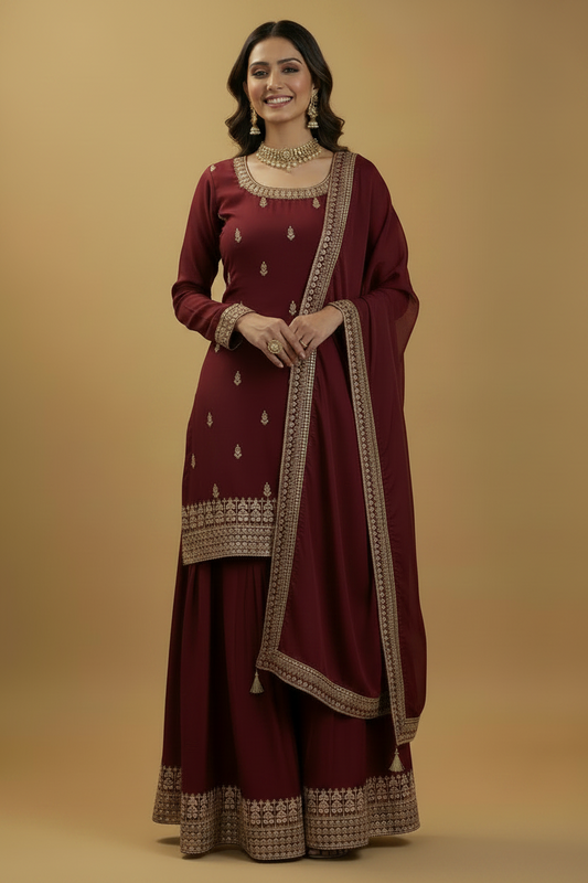Maroon Wine Silk Sharara Set with Gold Zari Embroidery