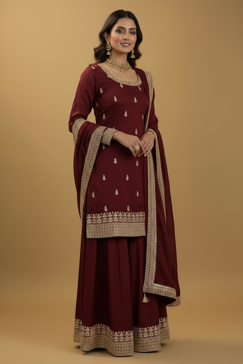 Maroon-Wine Sharara Suit